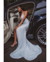 Cool Sky Blue Sequins Halter Open Back Side Slit Prom Dress